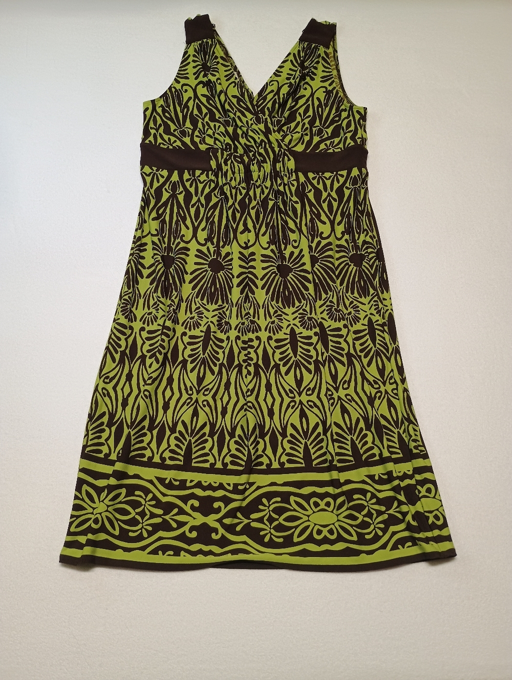 London Style Y2kSleeveless V-Neck Green & Brown Patterned Summer Dress Size 12
